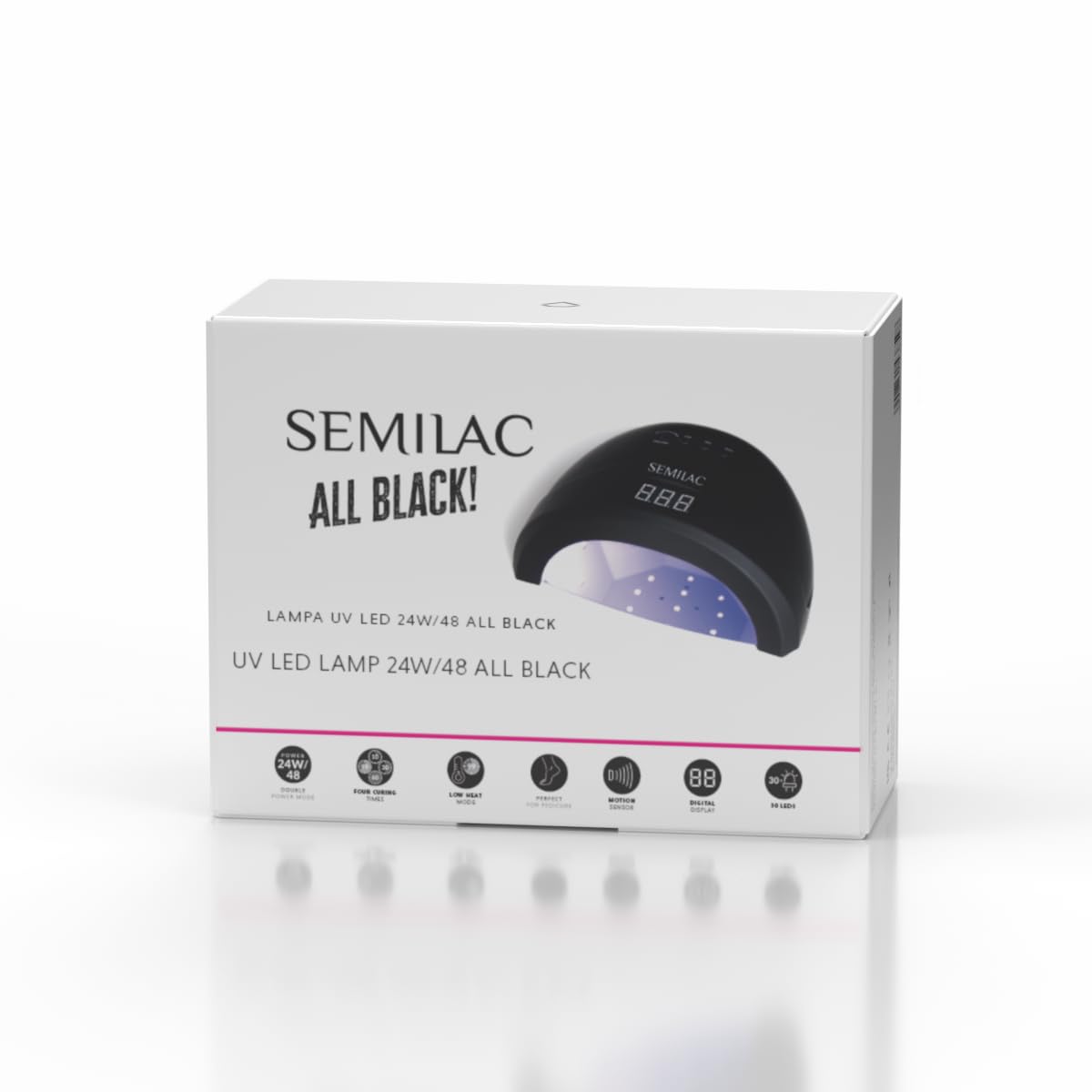 Semilac Lámpara UV LED 24 W/48 W All Black – Lámpara de uñas con LED dual, temporizador, sensor de movimiento y modo de bajo calor