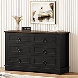 LIKIMIO Farmhouse 6 Drawers Dresser for Bedroom, 47.2' W Modern Dresser with Round Metal Handle, Thickened Desktop, Wood Rustic Chest of Drawers for Bedroom, Hallway, Entryway, Black