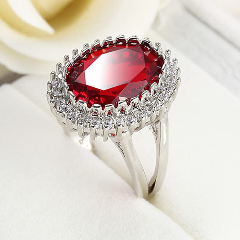 Luxury Platinum-Plated 925 Sterling Silver Ruby Engagement Ring Shiny Rectangle Red Gem Princess Ring Solitaire CZ Diamond Ring Eternity Engagement Wedding Band Ring