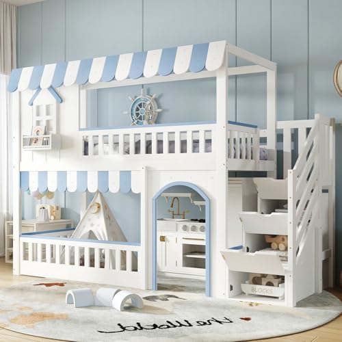 EURHCIO Lit Superposé 90x200cm,Lit Mezzanine 1 Place avec Cabane Raffinée,Échelle de Rangement,Fenêtres,Barrières Hautes,Sommier à Lattes Solide,pour Garçons Filles(A-Blanc Bleu, 90x200)