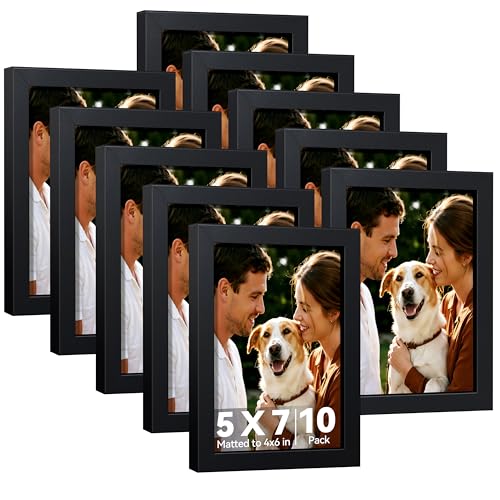 HappyHapi 5x7 Picture Frames Black Set of 10, Tabletop or Wall Display Pictures 4x6 with Mat or 5x7 Without, Multi Photo Frames Collage
