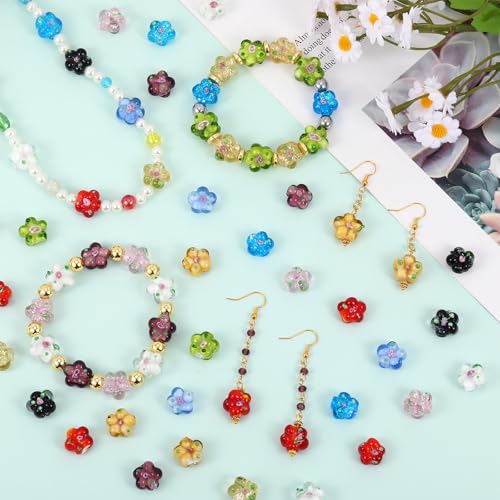 Ornaland TDSGLAMP-D015-08K 28 Pcs Transparent Flower Lampwork Beads Strands White Glitter Bumpy Millefiori Spacer Bead Shiny Handmade Beaded Charms For Bracelet Necklace Jewelry Making thumb #3