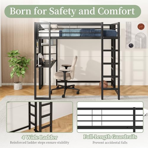 Image of Twin Metal Loft Bed with Desk and Shelves, Space-Saving Frame with Ladder and Full-Length Guardrails, Space-Saving Bed for Bedroom, Black (Mattress Not Included)