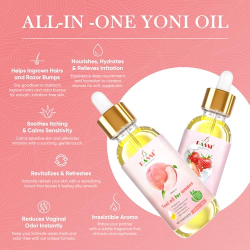 Image of Natural Yoni Oil for Women 4 Fl Oz (2 x 2 Fl Oz) - Peach Strawberry resh Feminine Care Oil - 2 PCS Vaginal Oil for Ingrown Hair with Vitamin E, Reduces Odor, Restores pH Balance and Wetness