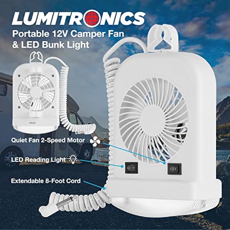 Lumitronics RV Portable 12V LED Interior Bunk Light and 2-Speed Personal Fan Combo, Quiet Motor, Reading Light with Extendable 8-Foot Cord - On/Off Switch, Mounting Brackets Included