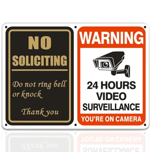 No Soliciting Sign & 24 Hours Surveillance Sign 2 in 1 Aluminum UV Ink Printed Yard Sign for House, Yard, Front Door 24 Hours Video Surveillance Private Property Metal Signs 7 x 10 inch(1 PACK)