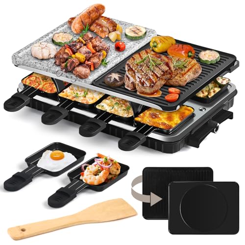 HengBO Raclette 8 Personas - Raclette Grill Electrico con Piedra para Asar Carne, Plancha Antiadherente Reversible y 8 Sartenes, Parrilla Electrica Barbacoa Sin Humo para 6 8 10 Personas, 1300 W