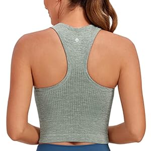 CRZ YOGA Womens Seamless Ribbed Longline High Neck Sports Bra – Racerback Padded Slim Fit Crop Tank Top with Built in Bra