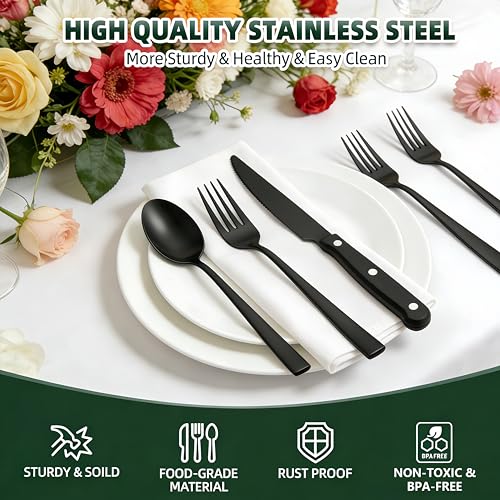 Image of 72 PCS Black Silverware Set with Steak Knives Service for 12, CEKEE Food-Grade Stainless Steel Eating Tableware Sets Including Dinner Forks Spoons Knives, Mirror Polished, Dishwasher Safe | CEKEE Stainless Steel Tableware Cutlery Set, Kitchen Utensils Set for Home & Restaurant, Heavy Duty & Mirror Finished