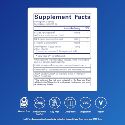 Pure Encapsulations Daily Calm - Vegan Stress & Sleep Support Supplement - Contains Ashwagandha, Saffron, GABA & L-Theanine - Non-GMO, Soy-Free & Gluten-Free - 60 Capsules - Image 3