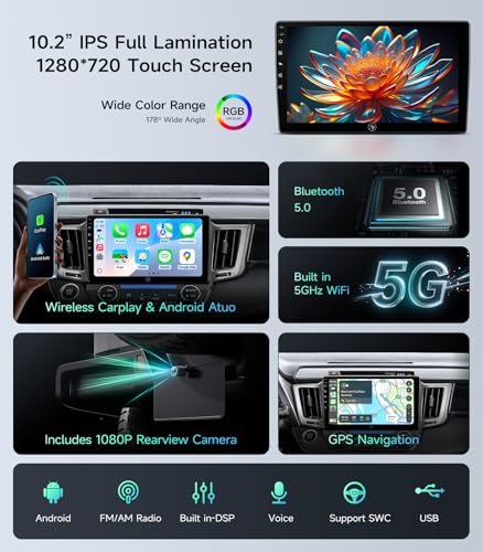 Image of 10.2 inch Car Radio Stereo for Toyota RAV4 2013-2018 - Wireless CarPlay & Android Auto | IPS HD 5G WiFi Touchscreen | GPS Navigation | Bluetooth FM with SWC | HD Backup Camera