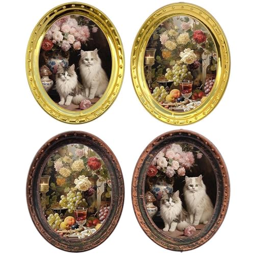 Tmboryuu 2 marcos de arte en miniatura de hierro para casa de muñecas antiguas con pinturas al óleo de gatos y flores, juego de exhibición a escala 1/12 (4 piezas) accesorios para casa de muñecas