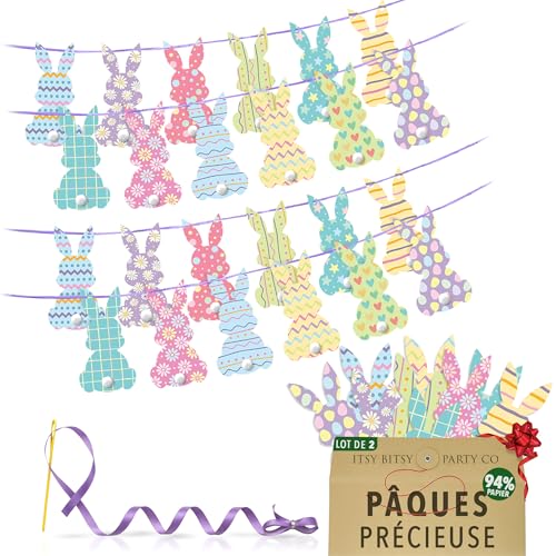 Decoration Paques Premium Réutilisable - Guirlande Lapin de Paques - Décorations Chasse Aux Oeufs - Toile de Fond Bannière Deco Pâques/Deco Printemps (24 grands...