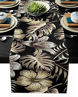 FAMILYDECOR Linen Burlap Table Runner 14"x72", Gold Leafs Tropical Palm Leaves and Flowers Farmhouse Table Runners Non-Slip for Holiday Parties, Dining Room, Home Kitchen, Wedding Decorations