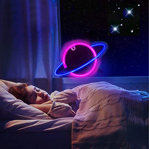 Image of YouokLight planet neon signs for wall decor, LED neon light wall mount USB or battery powered planet light, aesthetic hanging Saturn, planet neon lights for bedroom, game room, pink and blue