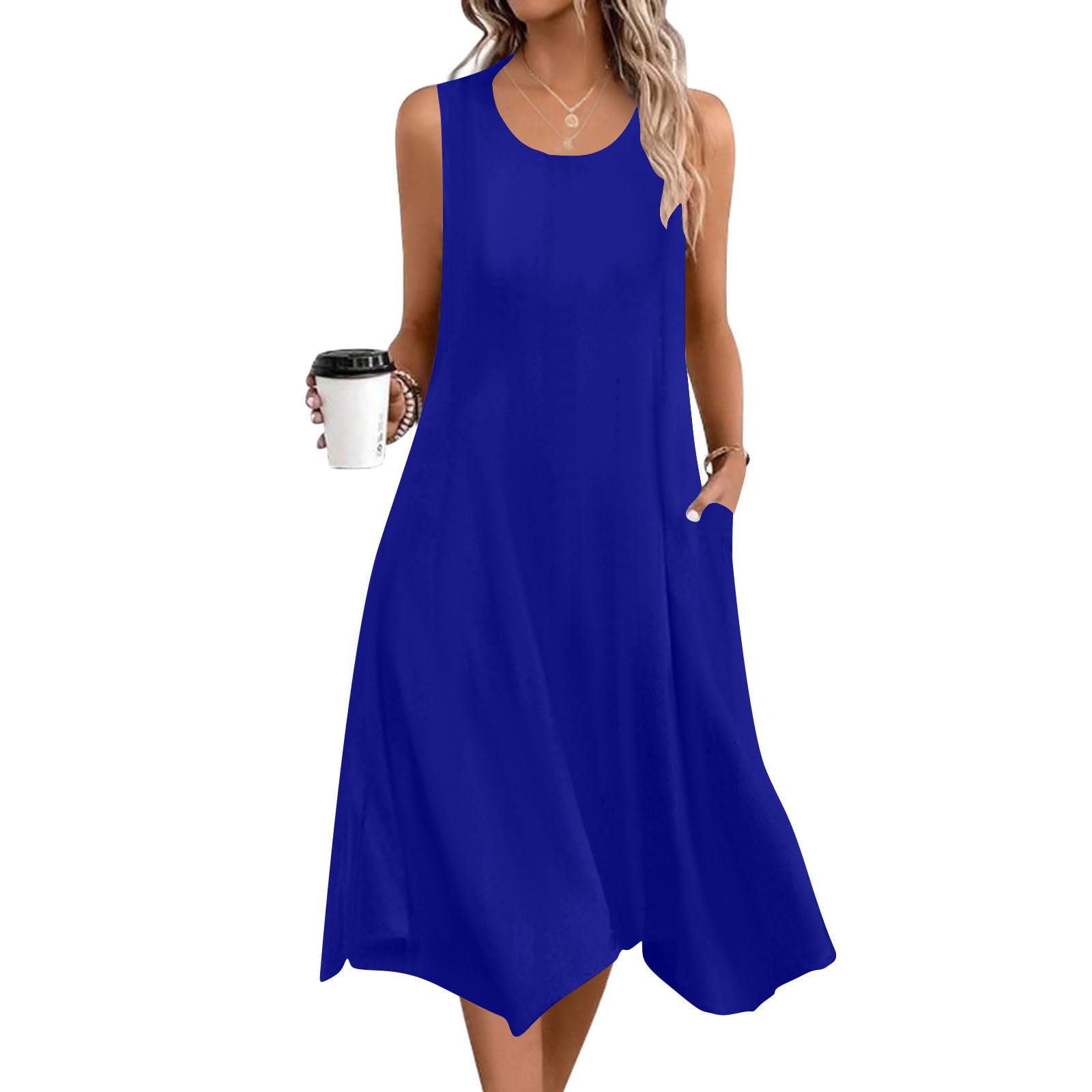 Summer Dresses for Women 2025 Sleeveless Crewneck Casual Midi Tank Dress Loose Flowy Beach Sundress with Pockets(Blue,XX-Large)