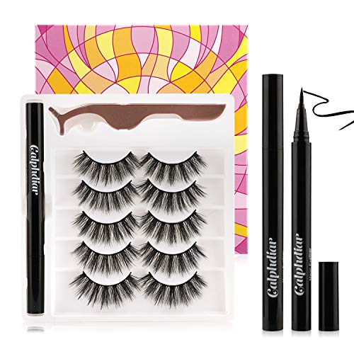 Calphdiar Self-Adhesive Eyeliner Kit, Upgrade Magic Eyeliner and Soft Reusable Faux Mink Lashes 5 Pairs, Magic Eyelashes and Eyeliner