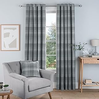 Sleepdown Woven Brushed Check Eyelet Lined Curtains for Bedroom and Living Room 66 x 72 Inch Grey 2 Panels