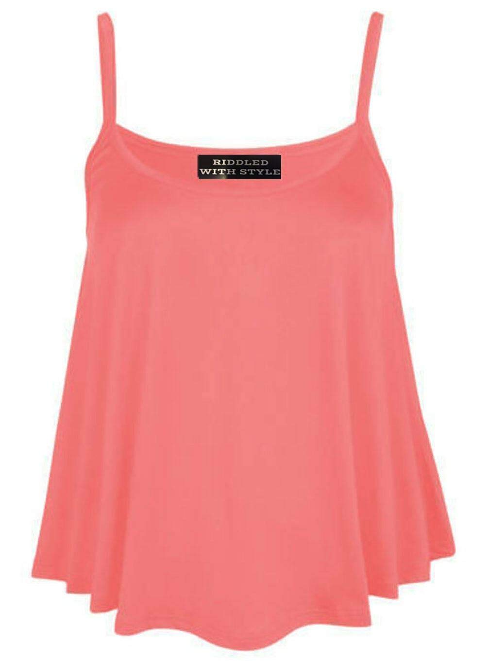 Wickedfashions123 Women's Coral ’S Plus Size Plain Sleeveless Cami Swing Vest Top Flared Strappy Cami Vest Top Casual Wear Fancy Party Wear Camisole Shirt Top Uk Size 8-28