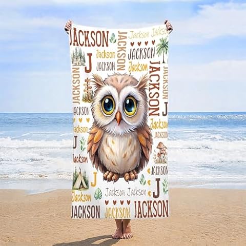 JL-JOYLIVELY Personalized Beach Towel - Custom Name Owl Bath Towel for Boys Girls - Microfiber, Absorbent, Breathable, Lightweight - Microfiber Personalized Towel for Pool Travel Beach,80x130cm Cover
