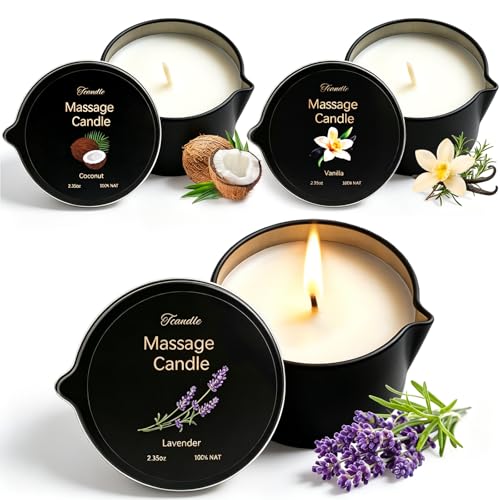 3 Pack Low Temperature Massage Candle SetMoisturising Body Oil Candles for Stress Relief Massage Therapy and Home SPA Natural Soy Wax Blend with Lavender Vanilla & Coconut 2.35 oz Each
