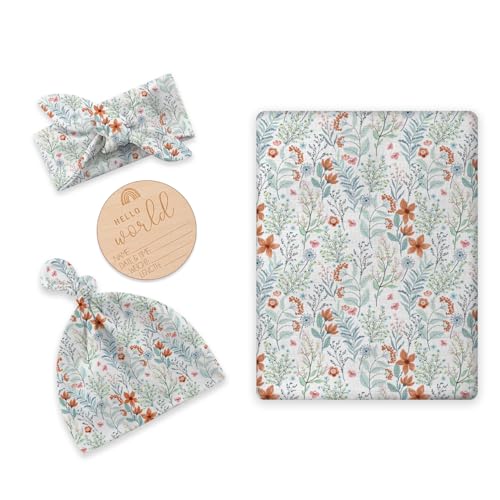 Image of Newborn Swaddle Set with Matching Hat and Bow Set, Floral Baby Girl Newborn Receiving Blankets Baby Swaddle Nursery Wildflower Baby Blanket, Wooden Birth Announcement Card
