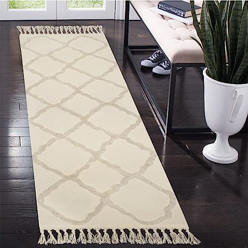 LINROMIA Tufted Large Rugs For Living Room 120X180, Boho Trellis Beige Cotton Area Rugs Rug with Hand-Woven Tassels, Washable Rugs for Living Room Bedroom Dinning Room