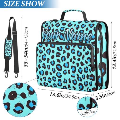 Image of Custom 3 Ring Zipper Binder Blue Leopard Print Personalized Name 1.5 Inch Binders Large Capacity Multi Pockets for School Office Supplies