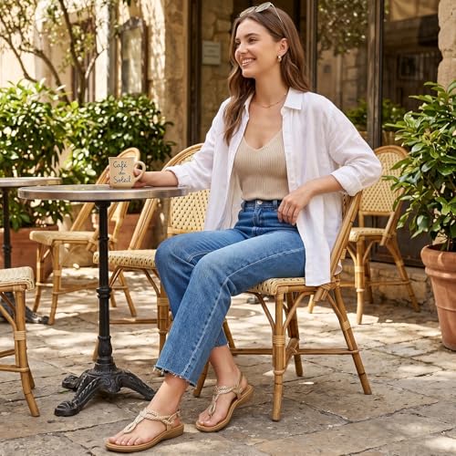 Image of UBFEN Womens Flat Sandals Dress Braided T-Strap Thong Sandals with Arch Support Comfortable for Walking