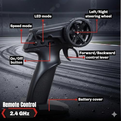 Image of FLYTEK RC Drift Racing Car 1:24 Scale 4WD 2.4GHz 20 Kmph (White and Red) | LED Lights, Replaceable Tyres, Flexible PVC Shell, Multi-Player Support, USB Rechargeable