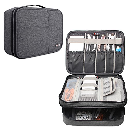 BUBM Electronic Organizer, Double Layer Travel Cable Organizer Bag for Cord, Memory Card, Power Bank and More, A Pouch fits for Up to 10.5'' iPad Pro (Extra Large, Denim Gray)