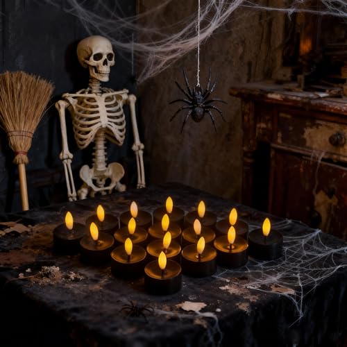 Image of CANDLE CHOICE Battery Operated Flameless Tea Lights Realistic Black Wick Bright Flickering LED Tealight Candles Wedding Table Centerpieces Halloween Christmas Decorations Batteries Incl. 24 Pack Black