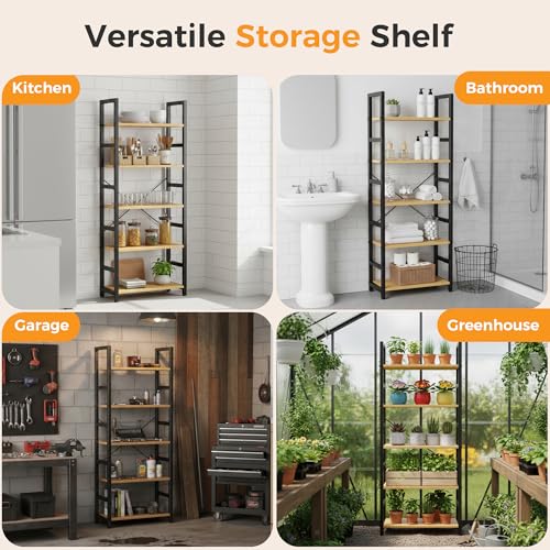 Image of DUMOS 5-Tier Bookshelf, Modern Tall Bookcase, Open Storage Display Shelf for Living Room, Bedroom, Home Office, Narrow Standing Shelving Unit for Books, CDs, Decor,Wood