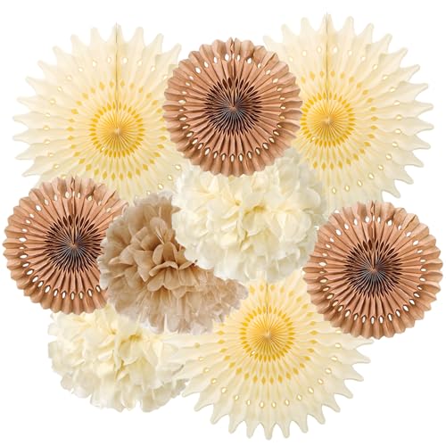 Image of SUNBEAUTY Brown Party Decorations Boho Wedding Party Decor Brown Beige Tissue Pom Poms Paper Fans Hanging Neutral Women Birthday Party Decorations Bridal Shower Baby Shower Rustic Engagement Decor