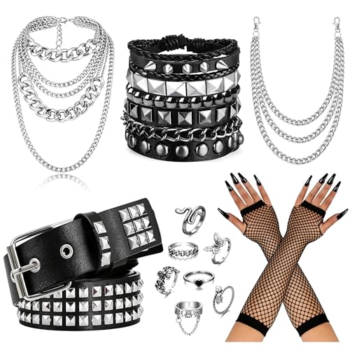 Gevidoxl Punk Goth Costume Set for Women Emo Y2k Rock Jewelry for Punk Rock Party Halloween Accessories Set
