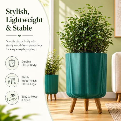 Image of Eightiz Store Modern Green Flower Pot with Plastic Legs | Indoor Outdoor Planter for Home Garden Balcony Decor Ribbed Design Sturdy Plastic Mid-Century Style (Green, Pack of 2)