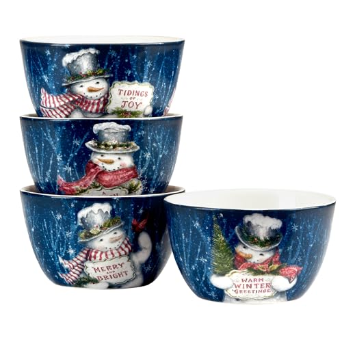 Certified International Snowman Greetings Set of 4 Holiday Ice Cream Bowls – Perfect for desserts or snacks, these bowls feature smiling snowmen and holiday cheer in frosty winter hues 5.25"