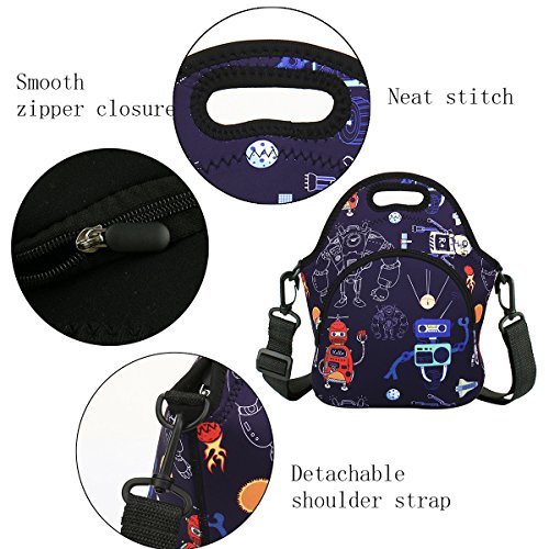 Armofit Kids Robots Neoprene Lunch Bag Insulated Reusable Waterproof Lunch Tote Foldable Washable Lunch Box With Zipper Pocket And Detachable Strap For Boys Girls Women Men School Work Travel Picnic #TOP3