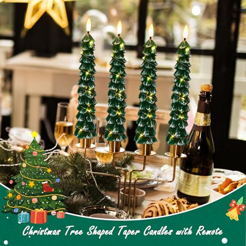 Image of GenSwin Christmas Tree Flameless Taper Candles candlesticks Remote Timer | Green,String Lights, Battery Operated Led Candle, Christmas Home Winter Decoration, 4 Pack, 0.78 inch x 9.8 inch
