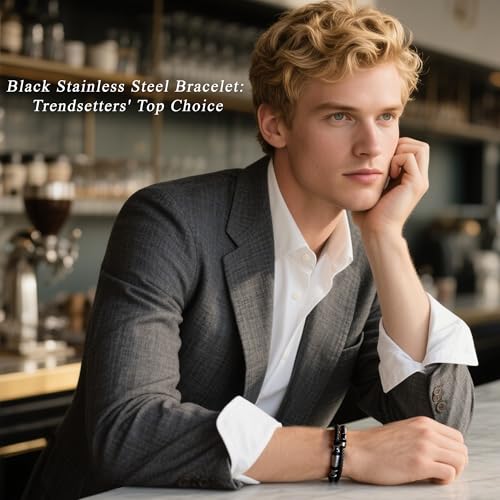 Mens Bracelet, Gifts for Men, Double-Row Black Braided Leather with Black Stainless Steel Jewelry Bracelet 7.5 inches, 8.5 inches, 9.5 inches Perfect for fathers, friends, and brothers4