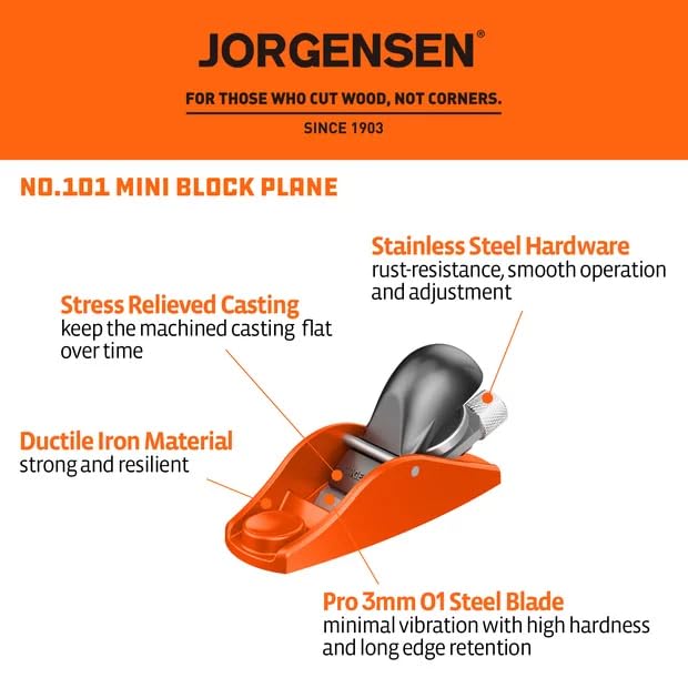 JORGENSEN 3-1/2" Mini Wood Planer, Mini Hand Planer for Woodworking, Block Plane, Small Hand Plane for Trimming, Wood Planing, Craft - Small Wood Plane with Ductile Iron Body, Adjustable Cutting Depth