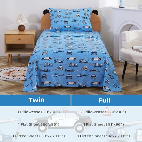 Image of Viviland 3 Pieces Boys Police Car Twin Sheet Set - Soft Microfiber Fitted Flat Sheets & Pillowcase Bed Sheet Set - Blue Airplane Print Bedding Sets for Kids
