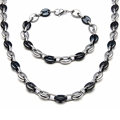 Parure Bracelet et Chaine Homme Acier Maille Grains de café Noir 10mm