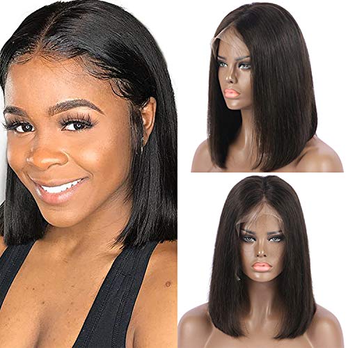 BESFOR Bob Virgin Human Hair Wig Middle Part Short Cut Glueless Lace Front Wigs 150% Density with Natural Hairline(12inch, Natural Black)