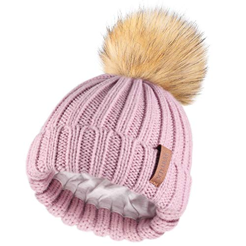 Kids Winter Knitted Pom Beanie Bobble Hat Faux Fur Ball Pom Pom Cap