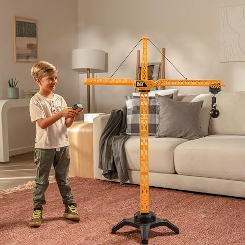 Image of Cat Construction Workforce Jumbo Tower Crane Set, 50-Inch RC Crane Toy with 360-Degree Rotation, Hook and Wrecking Ball, Light, Skid Steer and 4 inch Figure, USB Rechargeable, Ages 5+