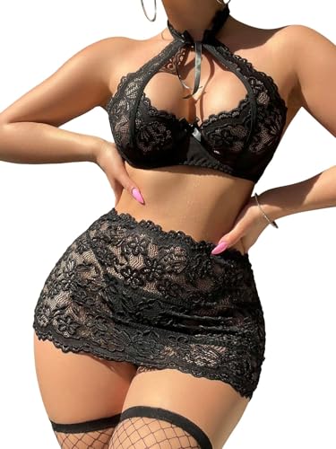 Sexy Cutout Halter Underwire Sheer Mini Skirt Stocking Lingerie Set 4 Piece Outfits3