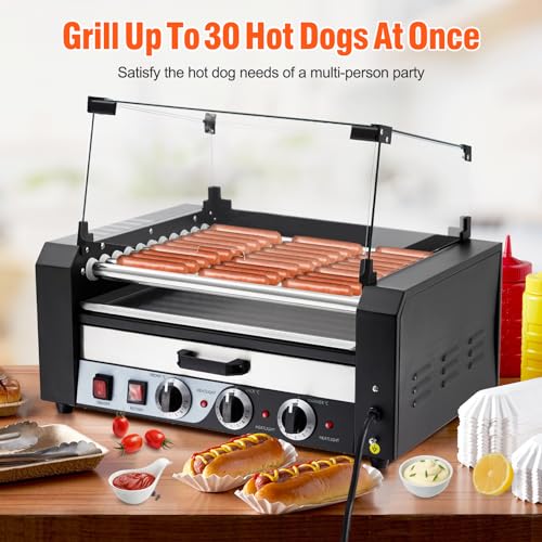 Litake Hot Dog Roller,11 Rollers 30 Hot Dogs Capacity 1950W Stainless Sausage Grill Cooker Machine with Removable Oil Drip Tray Dual Temp Control and Glass Hood Cover, Perfect for Commercial and Party