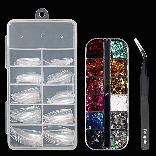 Feugole Stiletto False Nail Tips, 100PCS Clear Half Cover Artificial Nails Art Tips 10 Size Long Fake Nails with 12 Color Laser Butterfly Glitter and 1Pcs Tweezer, for Women DIY Salon Nails