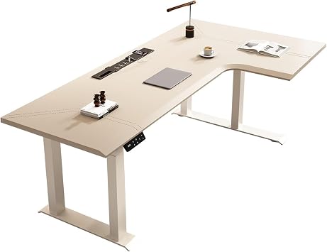 Home Office Computer Desk L-Shaped Electric Standing Desk with Charging Outlets, Height Adjustable Corner Home Office with Saddle Leather Top(L)